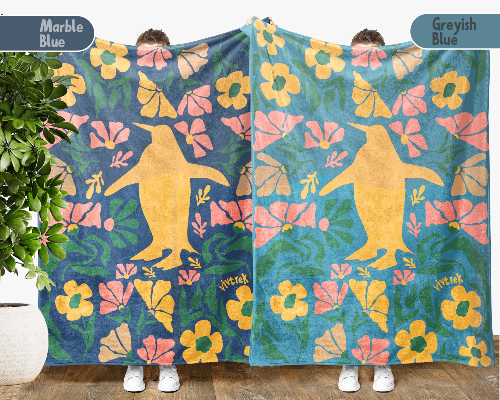 Floral Penguin Blanket – Cozy Vintage Ocean Animal Throw Gift