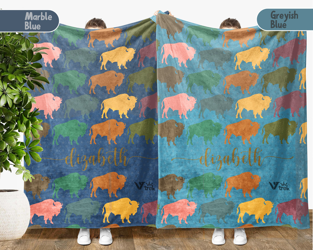 Custom Buffalo Blanket Personalized Name Wildlife Throw Retro Bison Graphic Cozy Rustic Home Decor Unique Western Gift Idea