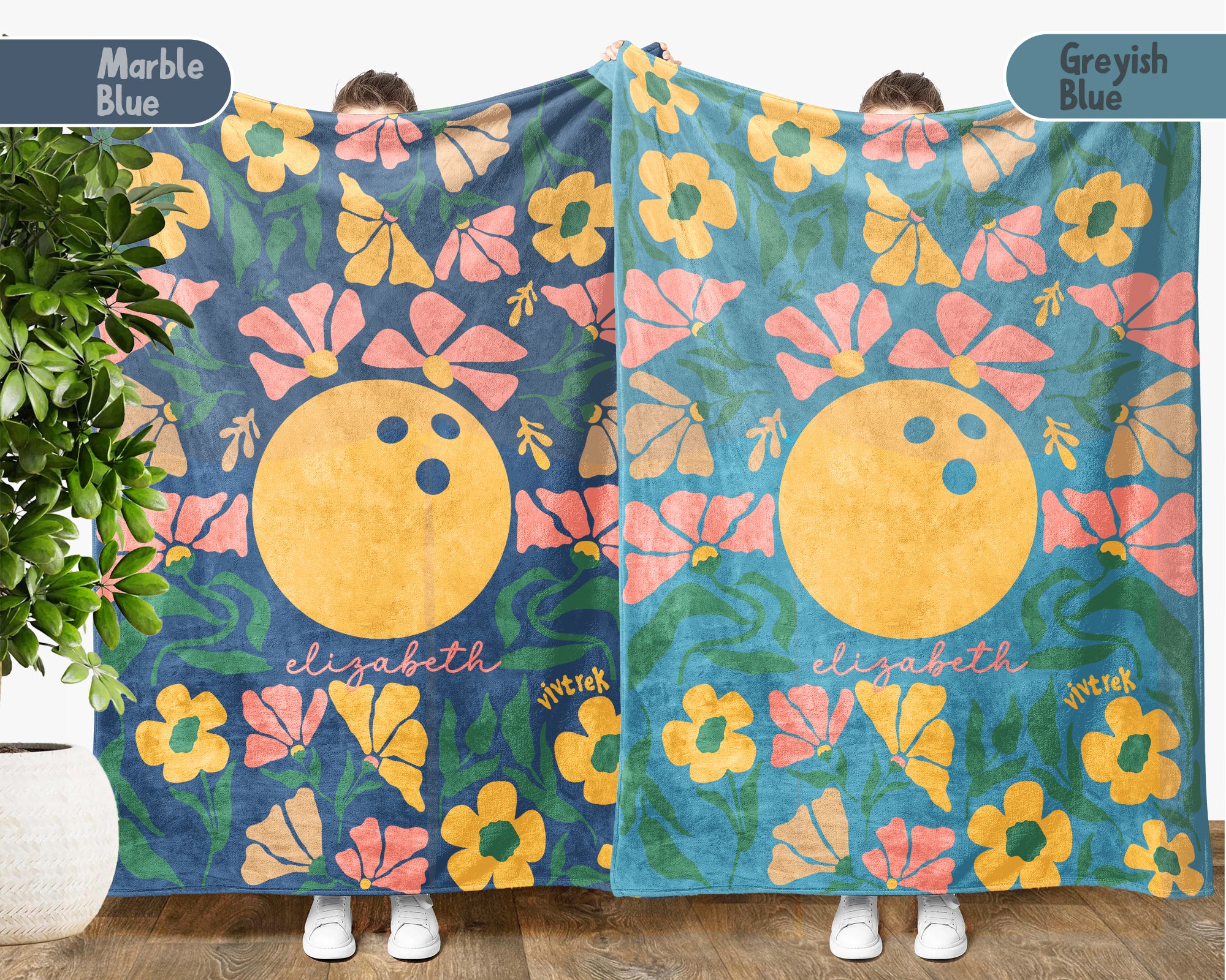 Personalized Bowling Blanket with Custom Name, Cozy Floral Bowling Throw for Kids Teens Adults, Fun Bowler Birthday Christmas Gift