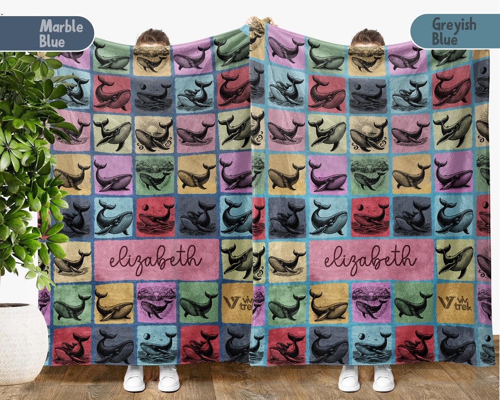 Custom Whale Blanket Personalized Name Ocean Throw Cozy Sea Life Decor Nautical Gift Coastal Home Accent Marine Animal Design