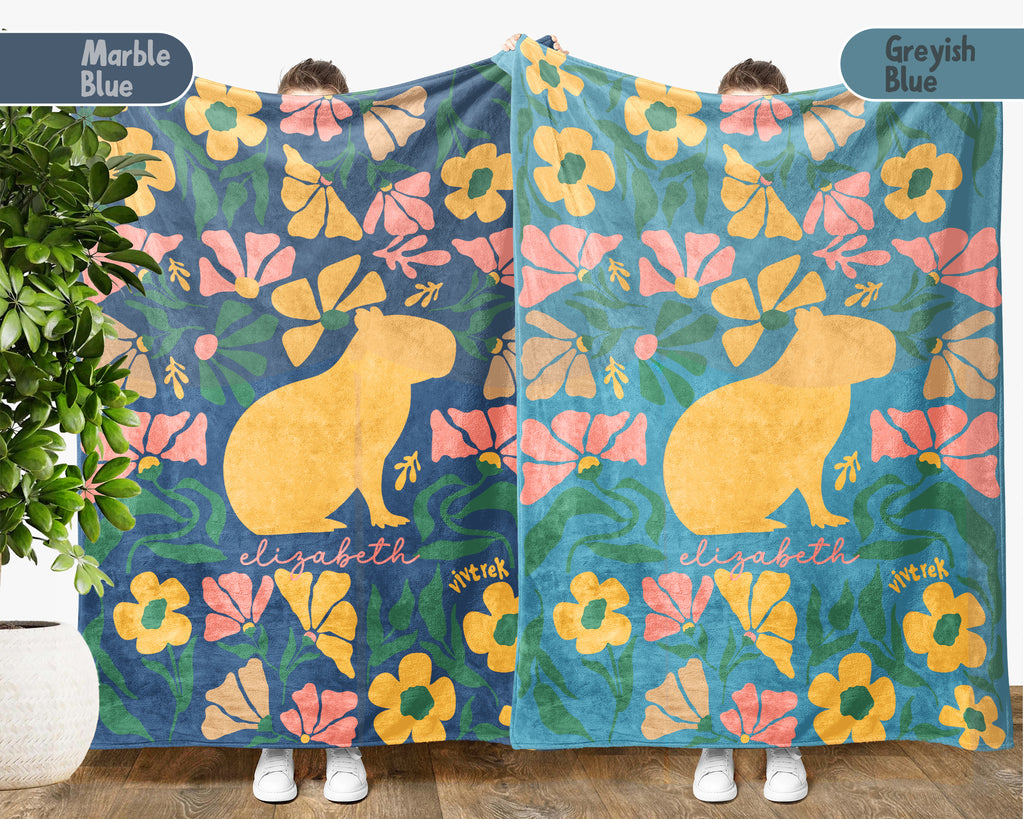 Floral Custom Name Capybara Blanket, Cozy Floral Capybara Throw Gift for Kids Teens Adults, Perfect Birthday Animal Gift