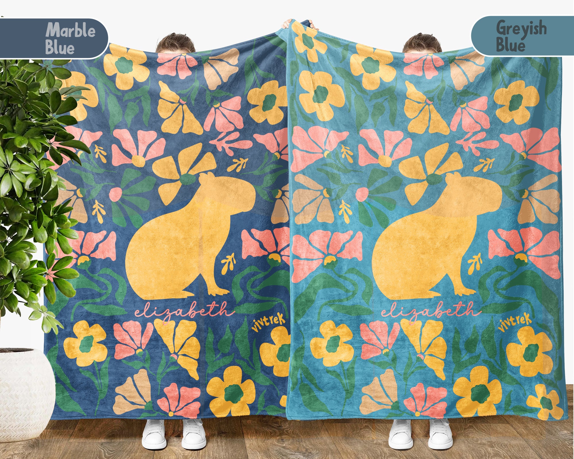Floral Custom Name Capybara Blanket, Cozy Floral Capybara Throw Gift for Kids Teens Adults, Perfect Birthday Animal Gift