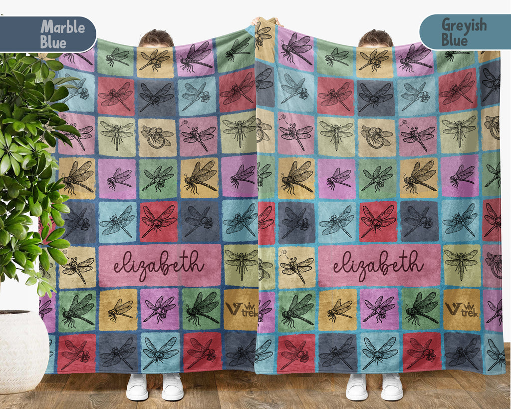 Custom Dragonfly Blanket Personalized Name Insect Lover Throw Retro Nature Winged Bug Art Gift for Her Unique Home Decor Accent