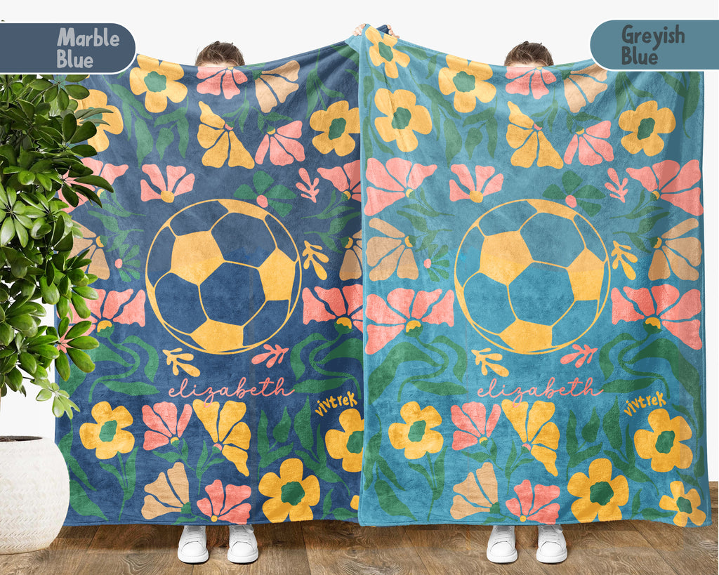 Custom Name Soccer Floral Blanket, Personalized Football Fan Throw, Cozy Sports Gift for Players and Soccer Lovers Room Decor