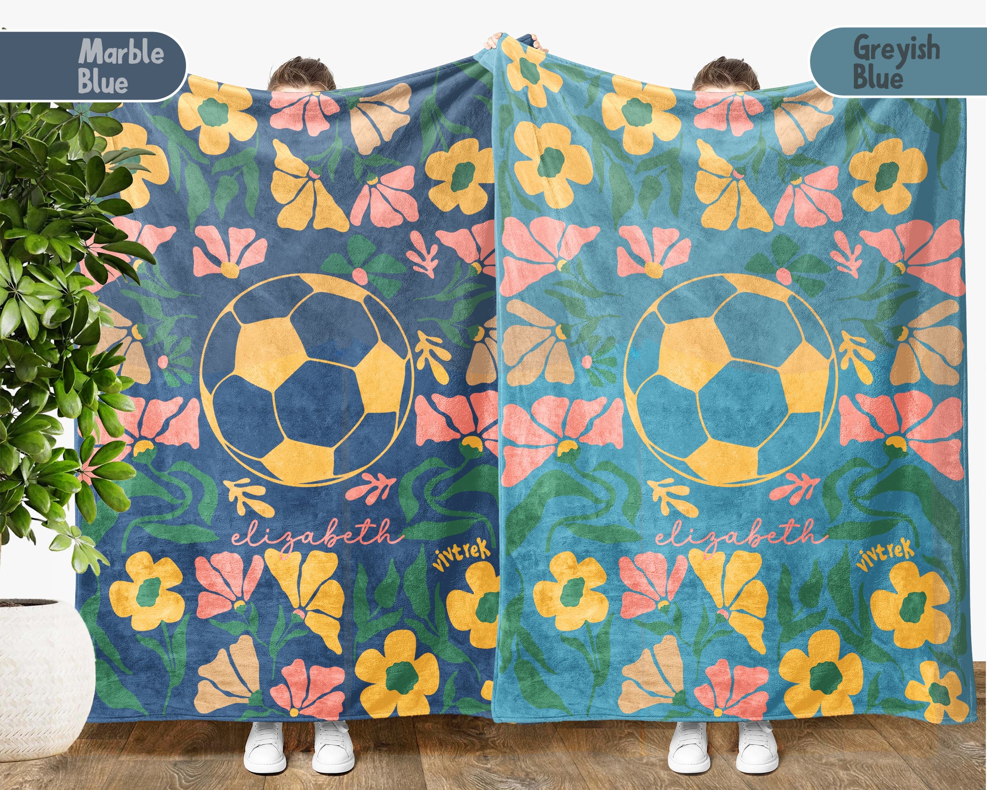 Custom Name Soccer Floral Blanket, Personalized Football Fan Throw, Cozy Sports Gift for Players and Soccer Lovers Room Decor