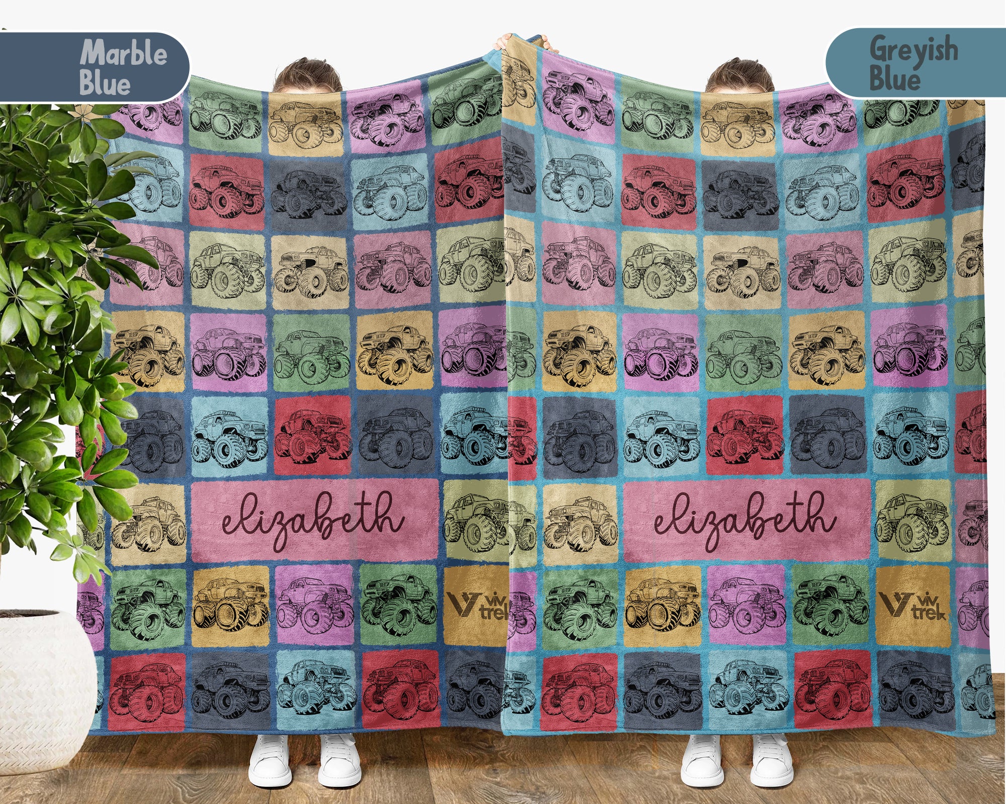 Custom Kids Monster Truck Blanket with Personalized Name, Retro Truck Throw for Boys, Cozy Monster Truck Lover Gift, Fun Room Decor