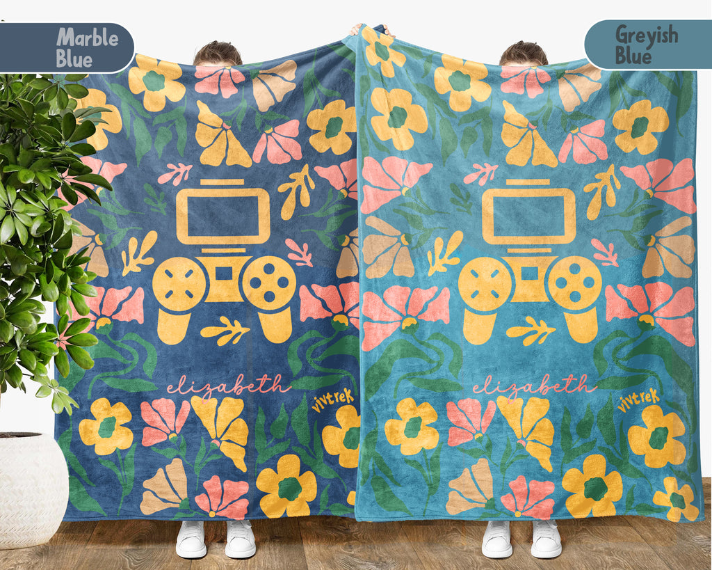 Floral Personalized Name Video Gaming Blanket with Custom Name, Cozy Floral Gamer Throw for Kids Teens Adults, Birthday Gift for Boys & Girls