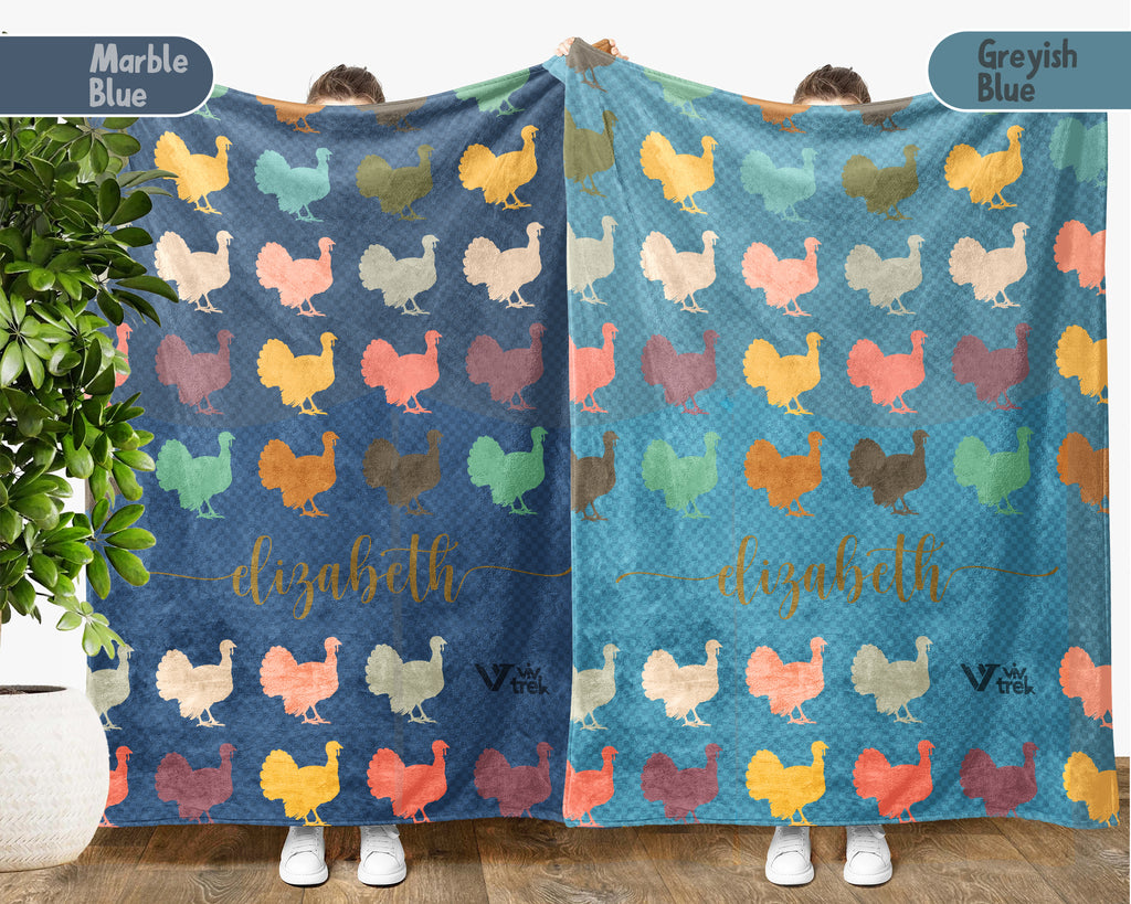 Custom Name Retro Turkey Blanket, Personalized Thanksgiving Throw for Cozy Fall Decor and Seasonal Holiday Gifts