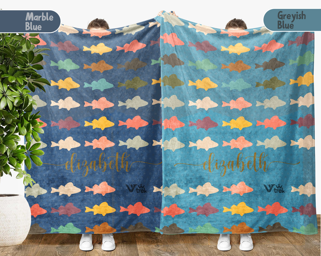 Custom Retro Fishing Blanket, Personalized Fish Lover Throw for Angler Dad Lake Cabin Outdoor Decor and Gifts