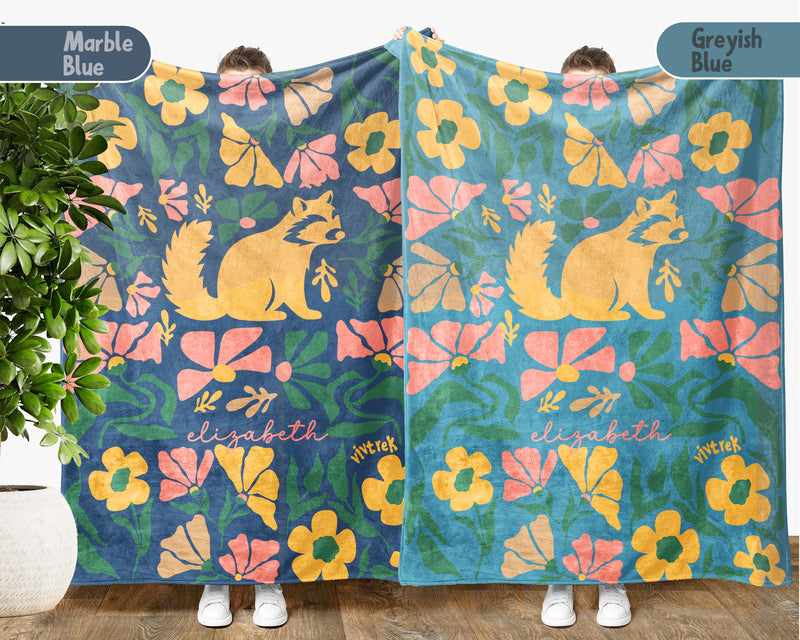 Floral  Raccoon Blanket with Custom Name, Cute Woodland Animal Gift, Cozy Floral Throw for Kids Teens Adults