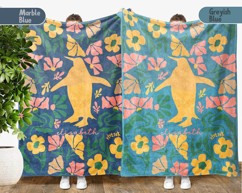 Personalized Name Floral Penguin Blanket, Cozy Floral Throw for Kids Teens Adults, Cute Penguin Lover Gift