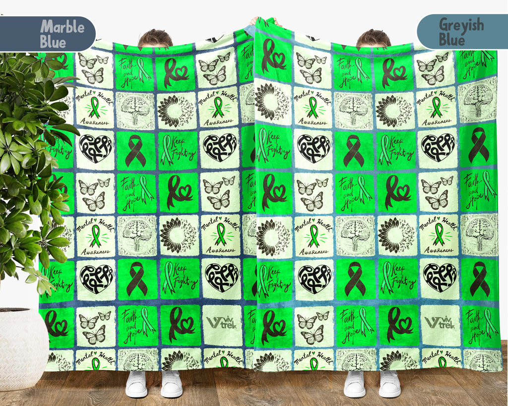 Mental Health Awareness Blanket with Green Ribbon, Cozy Wellness Throw, Thoughtful Comfort Gift for Loved Ones in May, Supportive & Inspirational, Battle Blanket