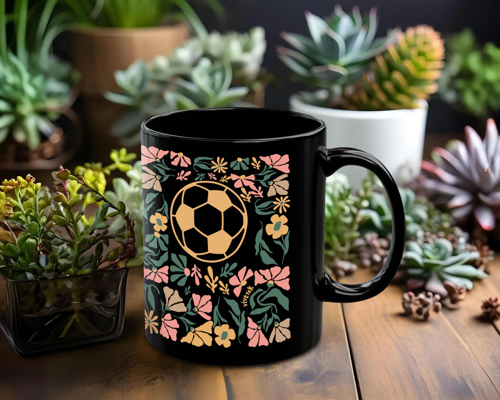 Soccer Floral Coffee Mug Gift, Cute Football Lover Cup, Sports Fan Ceramic Mug, Soccer Player Gift Idea, Aesthetic Soccer Drinkware