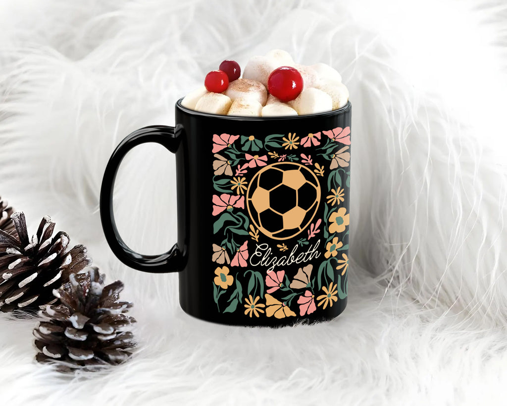 Custom Name Soccer Mug Gift, Personalized Football Coffee Cup, Soccer Lover Floral Mug, Player Name Sports Gift, Unique Soccer Fan Drinkware