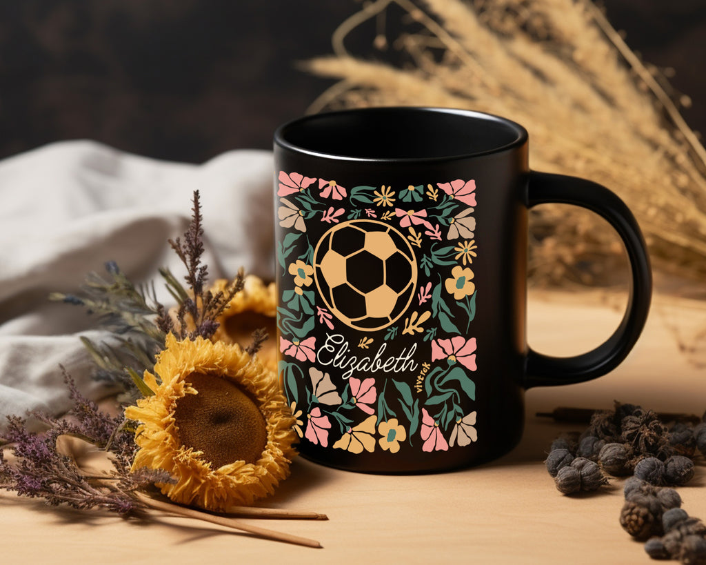 Custom Name Soccer Mug Gift, Personalized Football Coffee Cup, Soccer Lover Floral Mug, Player Name Sports Gift, Unique Soccer Fan Drinkware