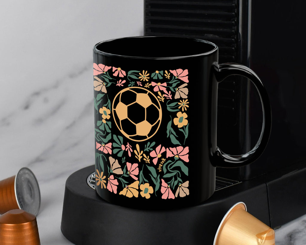 Soccer Floral Coffee Mug Gift, Cute Football Lover Cup, Sports Fan Ceramic Mug, Soccer Player Gift Idea, Aesthetic Soccer Drinkware