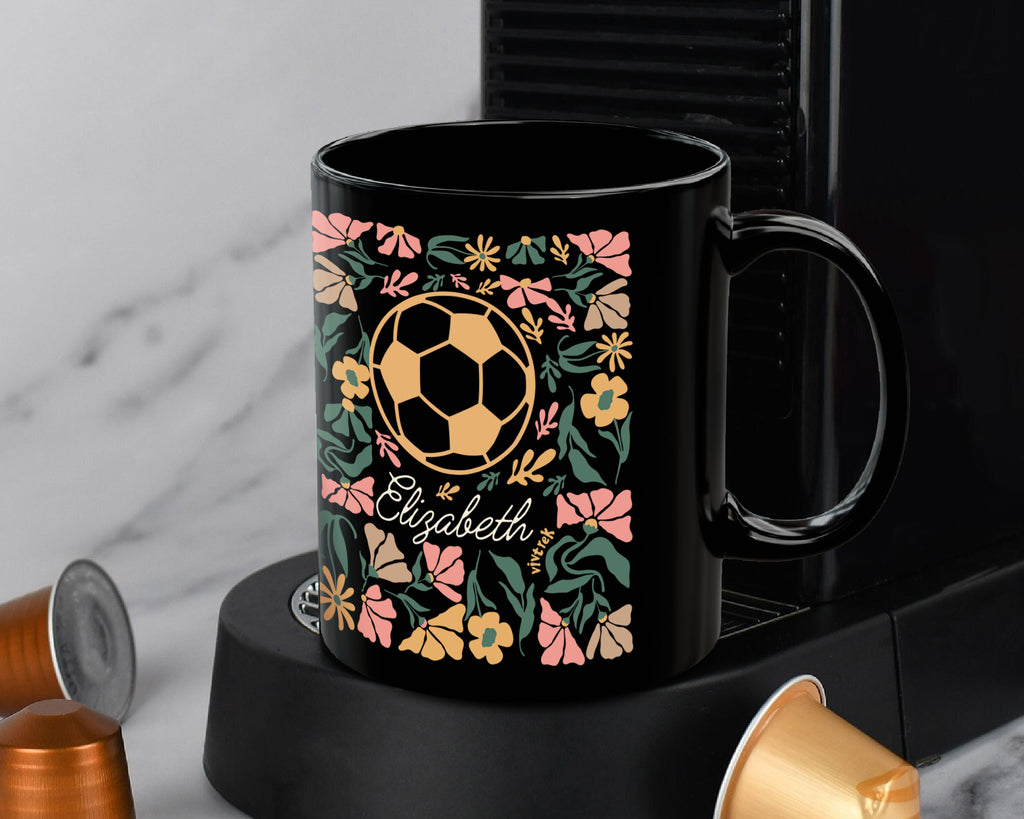 Custom Name Soccer Mug Gift, Personalized Football Coffee Cup, Soccer Lover Floral Mug, Player Name Sports Gift, Unique Soccer Fan Drinkware