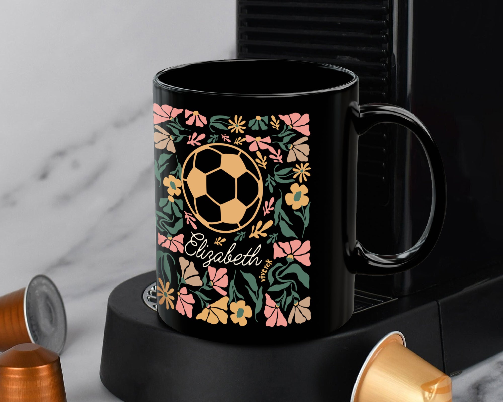 Custom Name Soccer Mug Gift, Personalized Football Coffee Cup, Soccer Lover Floral Mug, Player Name Sports Gift, Unique Soccer Fan Drinkware