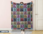 Person holding a colorful blanket with a pattern of Bigfoot in a room.