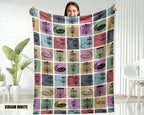 Person holding a colorful disk golf blanket with coffee-themed patterns in a room with a plant and chair.