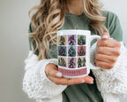 Person holding a mug with a colorful design and name  on a neutral background