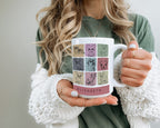 Person holding a mug with dog illustrations and the name text on it.