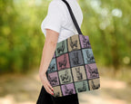 Person holding a tote bag with llama pattern outdoors.