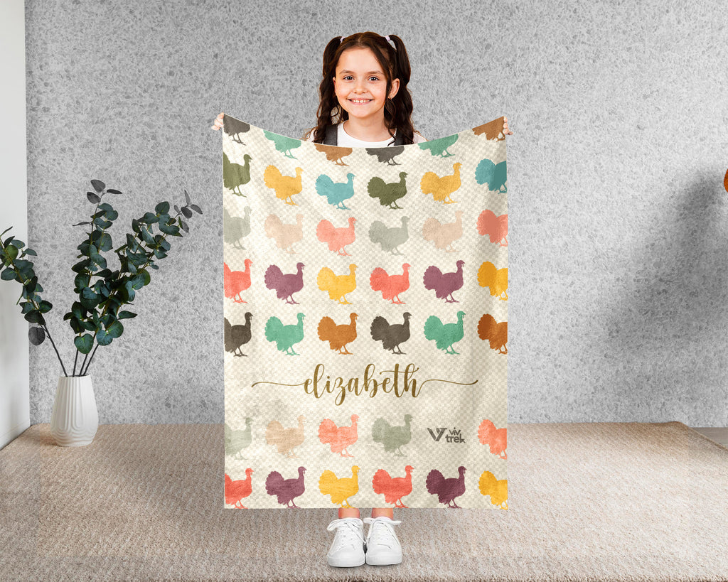 Custom Name Retro Turkey Blanket, Personalized Thanksgiving Throw for Cozy Fall Decor and Seasonal Holiday Gifts