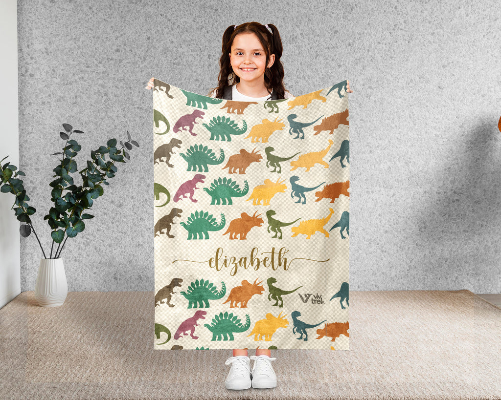 Personalized Dino Blanket Custom Name Prehistoric Animal Throw Retro Dinosaur Decor Cozy Gift Unique Home Accent Idea