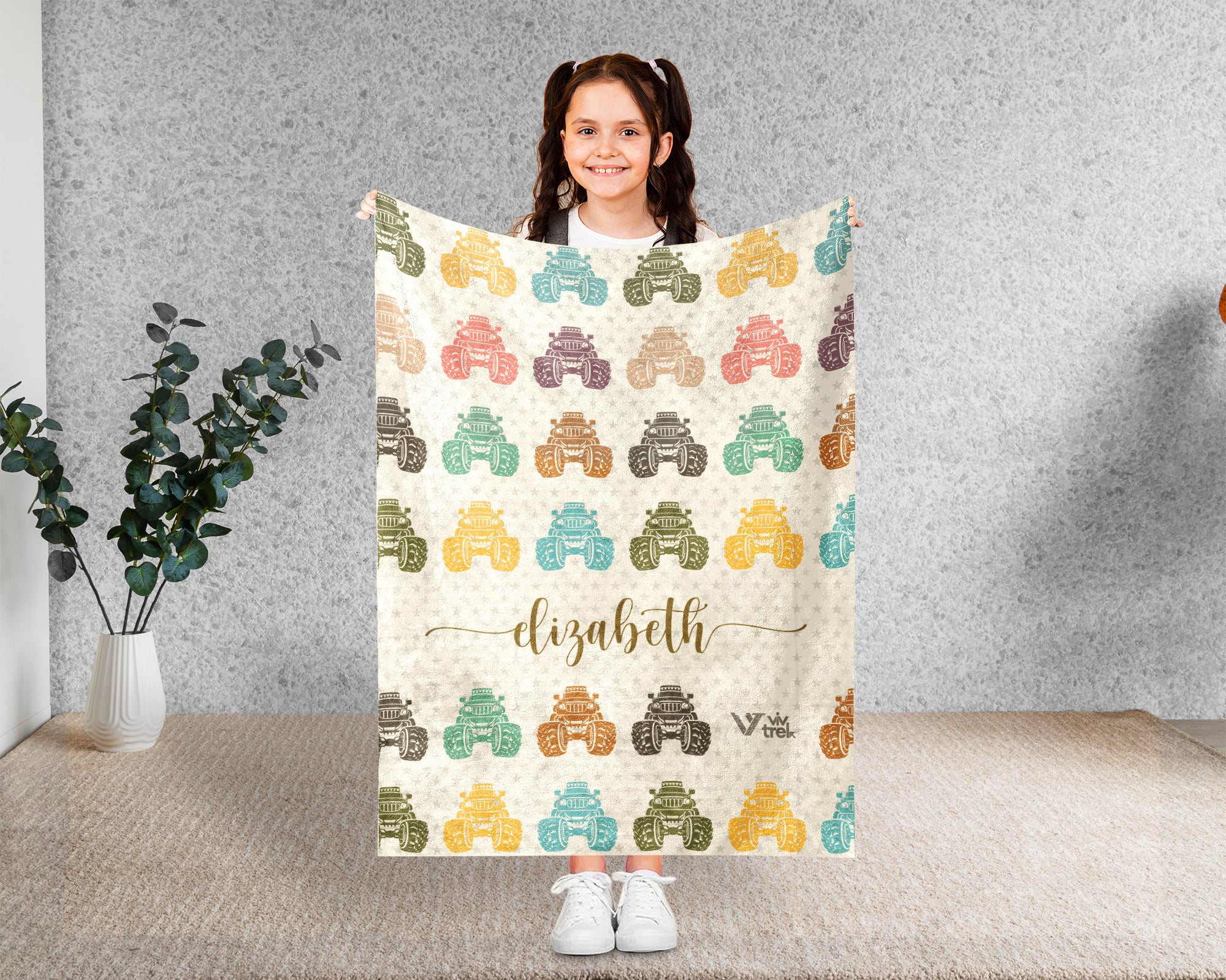 Personalized Monster Truck Blanket for Kids, Custom Name Retro Truck Throw, Cozy Boys Gift, Fun Truck Lover Room Decor Blanket