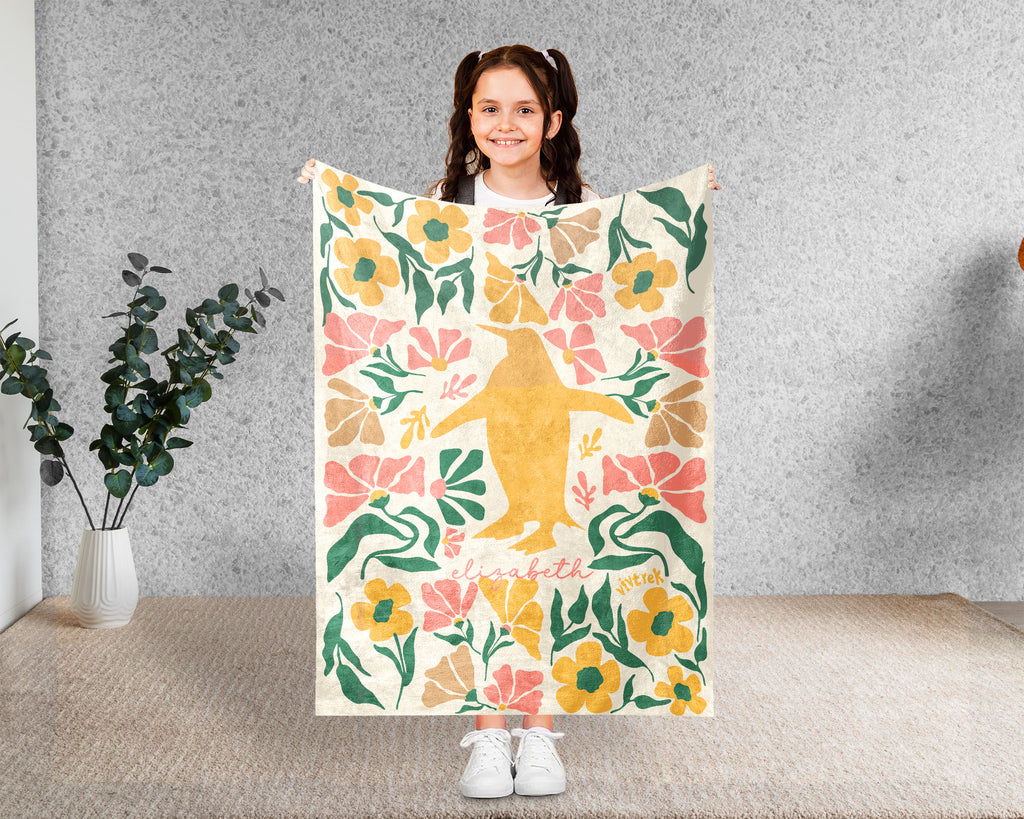Personalized Name Floral Penguin Blanket, Cozy Floral Throw for Kids Teens Adults, Cute Penguin Lover Gift