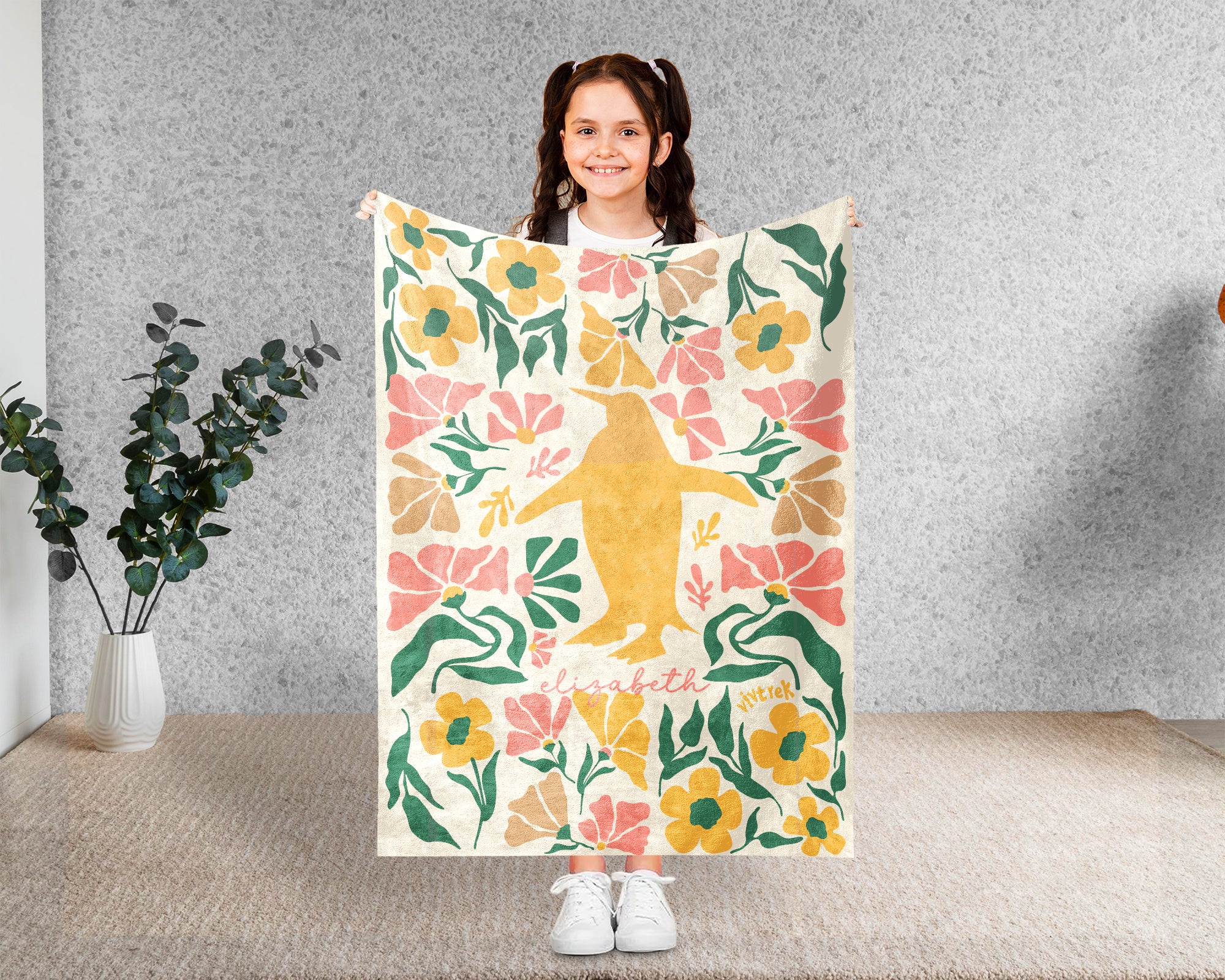 Personalized Name Floral Penguin Blanket, Cozy Floral Throw for Kids Teens Adults, Cute Penguin Lover Gift