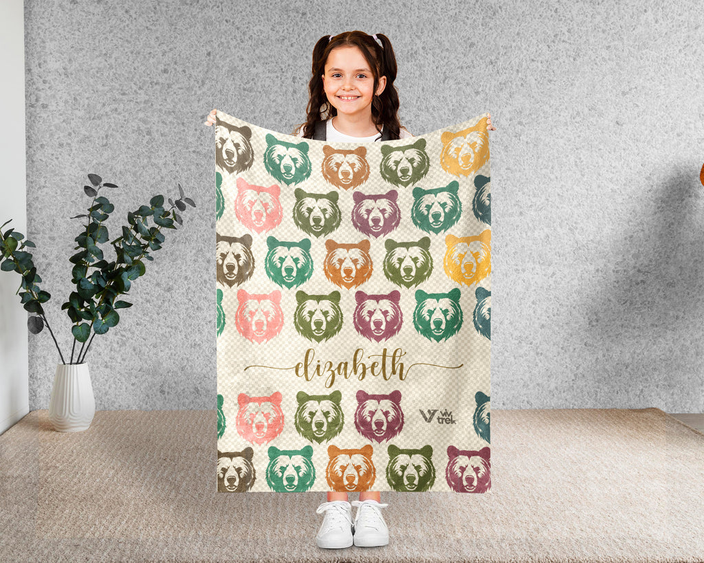 Custom Bear Blanket Personalized Name Retro Wildlife Throw Cozy Rustic Forest Decor Unique Animal Graphic Gift Home Accent