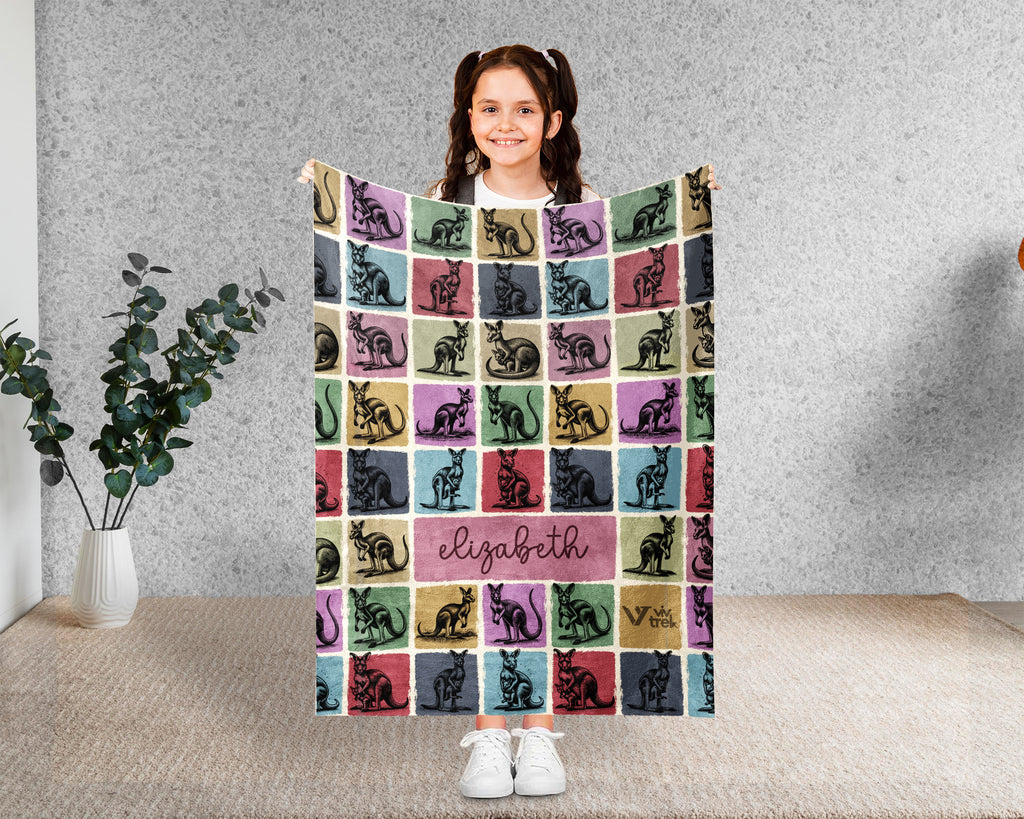 Custom Kangaroo Blanket Personalized Name Retro Wildlife Throw Cozy Aussie Animal Decor Unique Gift Nature Inspired Home Accent