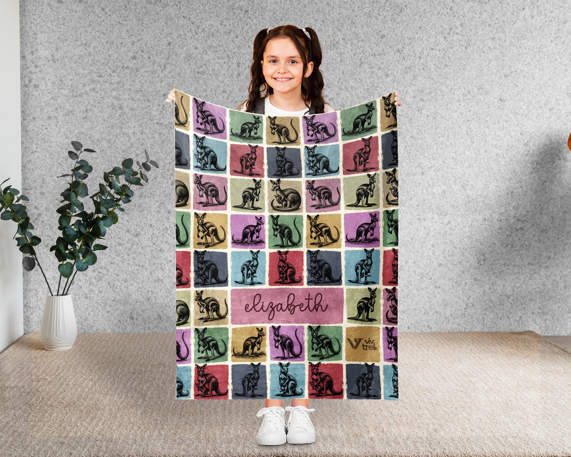 Custom Kangaroo Blanket Personalized Name Retro Wildlife Throw Cozy Aussie Animal Decor Unique Gift Nature Inspired Home Accent