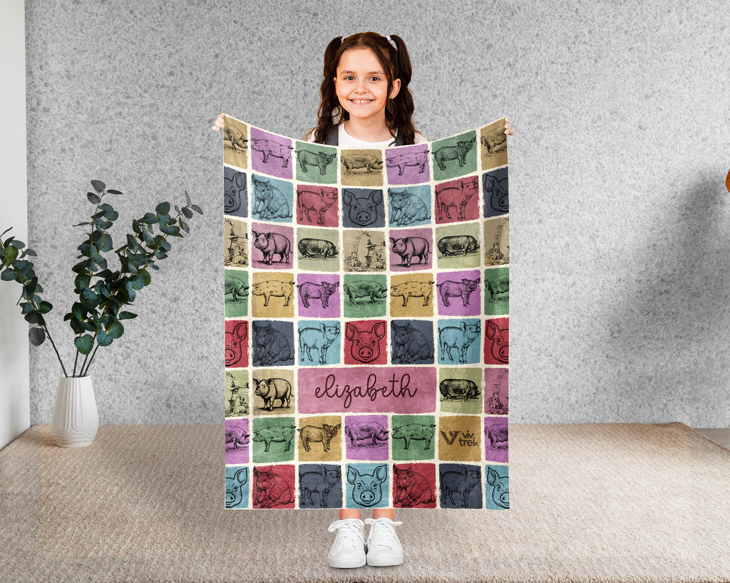 Custom Name Cozy Vintage Farm Animal Throw Gift Personalized Pig Blanket
