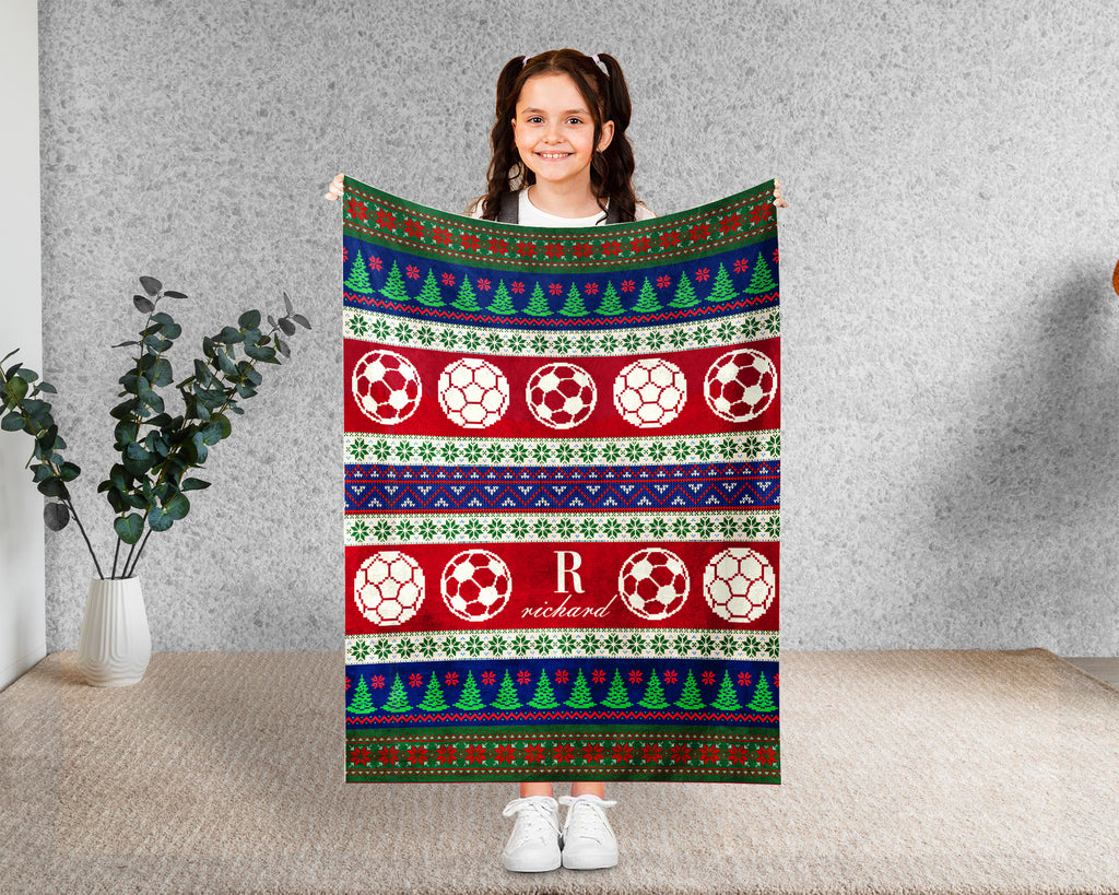 Soccer Christmas Blanket, Personalized Soccer Throw for Boys and Girls, Soccer Lover, Cozy Holiday Gift for Player, Kids Sports Blanket