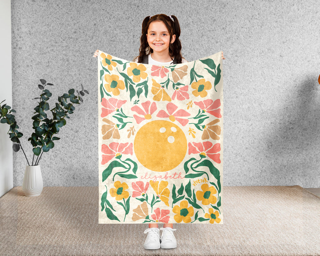 Personalized Bowling Blanket with Custom Name, Cozy Floral Bowling Throw for Kids Teens Adults, Fun Bowler Birthday Christmas Gift