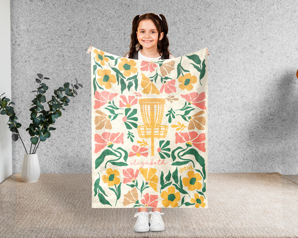 Custom Name Floral Disc Golf Blanket, Cozy Sports Lover Throw