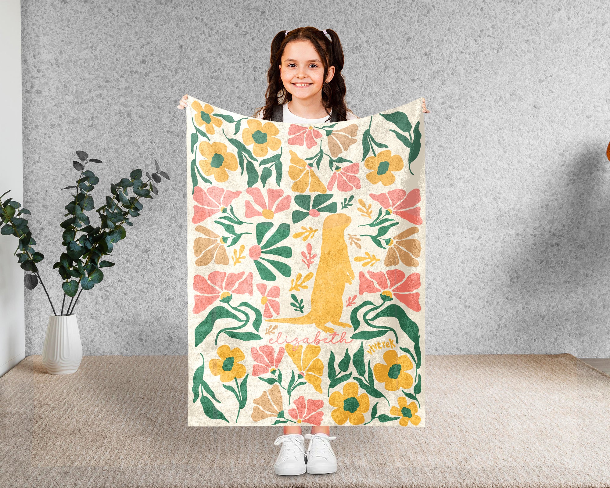 Personalized Floral Otter Blanket with Custom Name, Cozy Floral Throw for Kids Teens Adults, Cute Otter Lover Birthday Gift