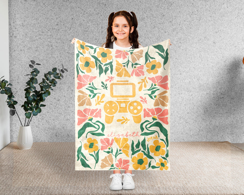 Floral Personalized Name Video Gaming Blanket with Custom Name, Cozy Floral Gamer Throw for Kids Teens Adults, Birthday Gift for Boys & Girls