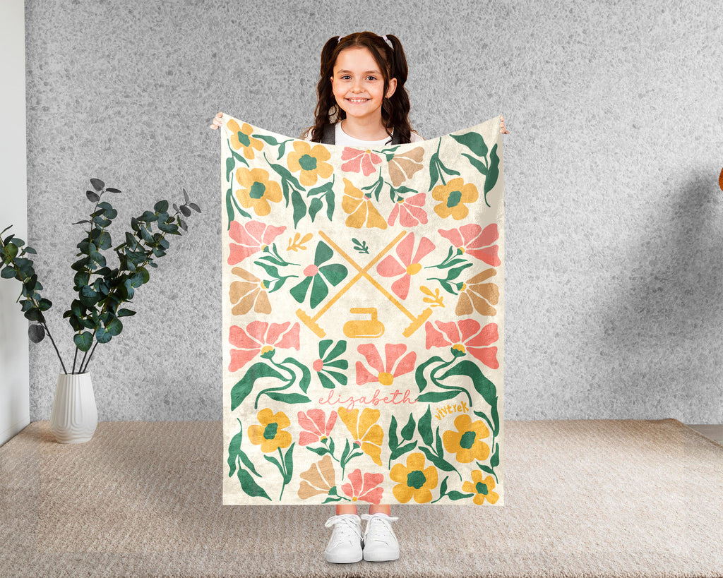 Floral Curling Blanket with Custom Name, Cozy Curling Throw Gift for Kids Teens Adults, Perfect Birthday Sports Present