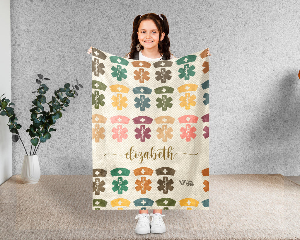 Personalized Nurse Blanket Custom Name Cozy RN Throw Gift, Retro Nursing Graphic Blanket, Medical Worker Gift for Her