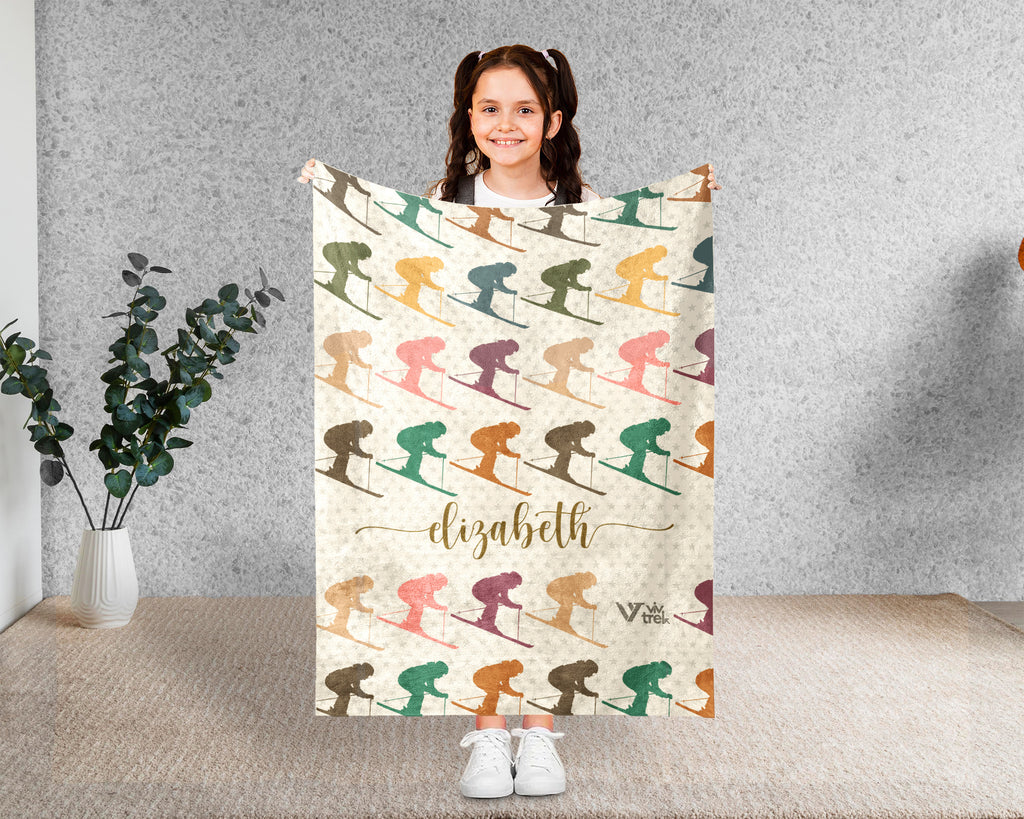 Custom Name Ski Lover Blanket Winter Sports Throw Cozy Personalized Gift Soft Snow Adventure Decor for Cabin Home