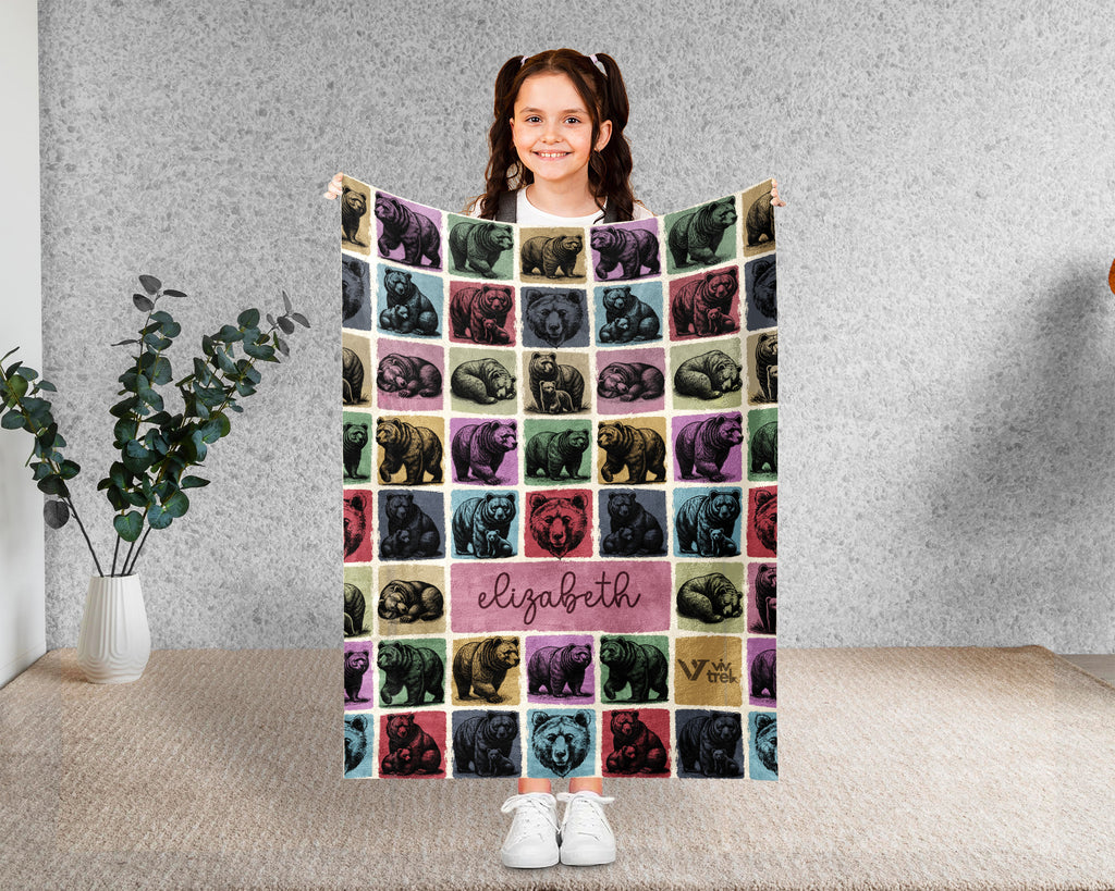Custom Bear Lover Blanket Personalized Name Retro Wildlife Throw Cozy Rustic Animal Decor Unique Forest Inspired Gift Home Accent
