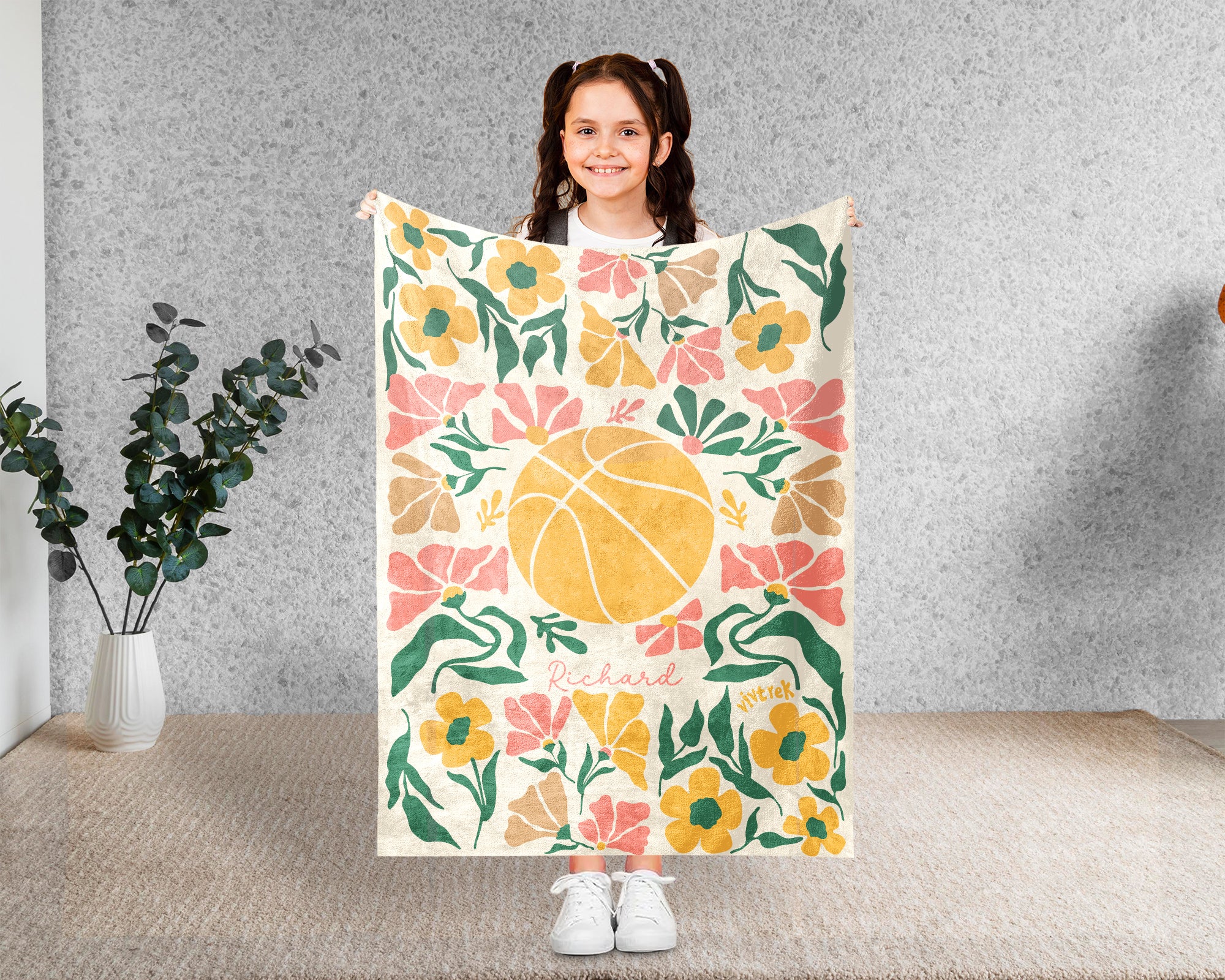 Personalized Name Floral Basketball Blanket, Cozy Hoop Lover Throw Gift