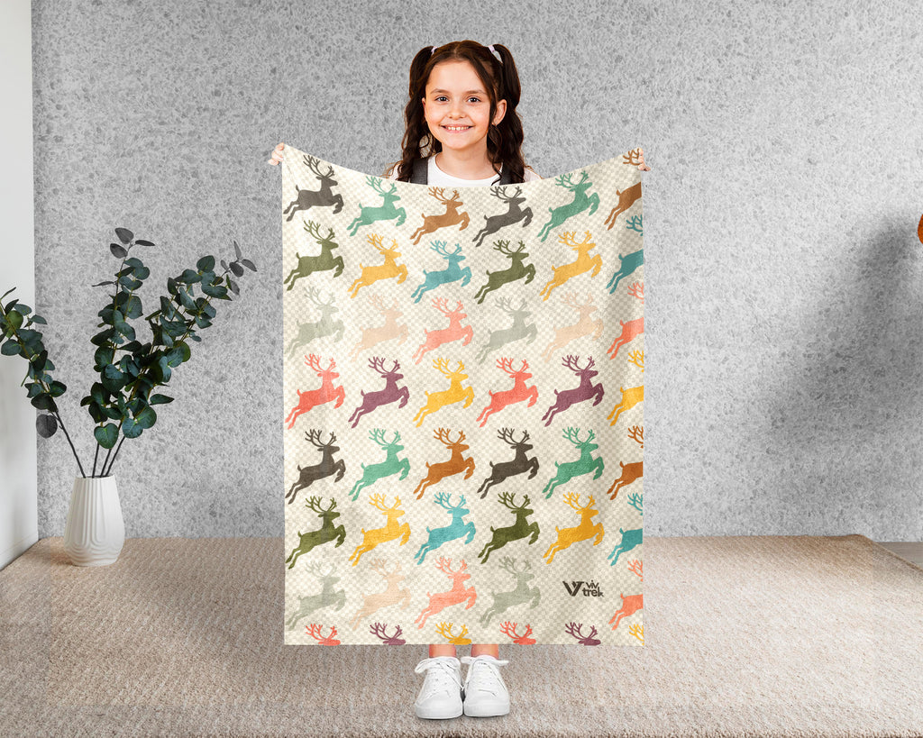 Retro Reindeer Blanket for Woodland Decor, Cozy Rustic Wildlife Throw Gift for Forest and Cabin Style Homes
