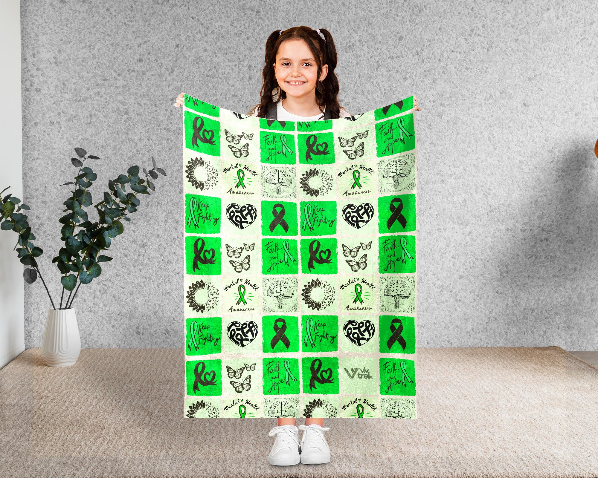 Mental Health Awareness Blanket with Green Ribbon, Cozy Wellness Throw, Thoughtful Comfort Gift for Loved Ones in May, Supportive & Inspirational, Battle Blanket