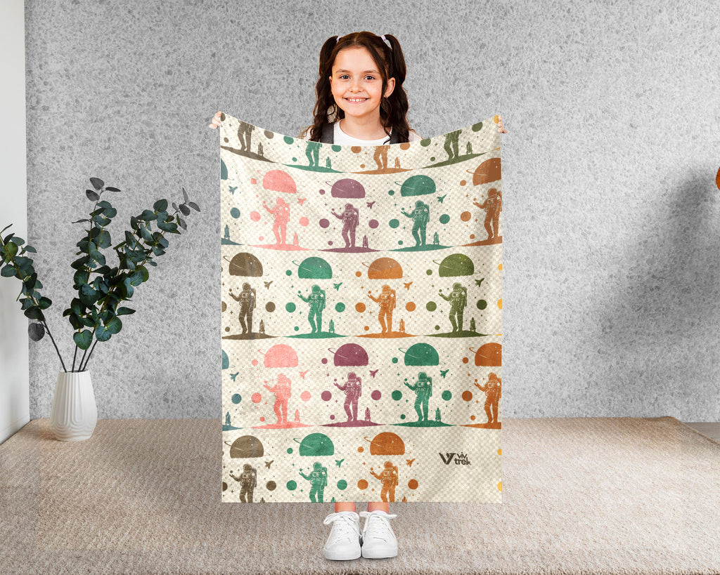 Retro Astronomy Blanket for Galaxy Lovers, Cozy Space Throw with Planet Rocket and Astronaut Theme Decor