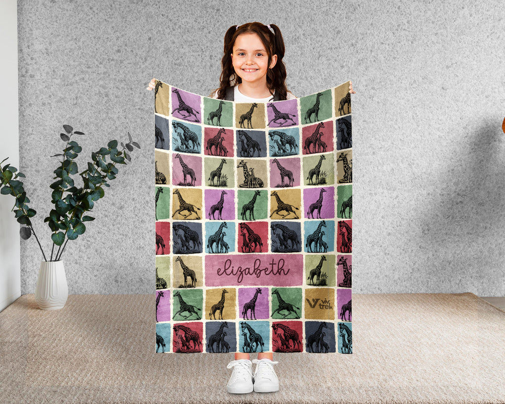 Personalized Giraffe Blanket – Custom Name Cozy Vintage Wildlife Throw